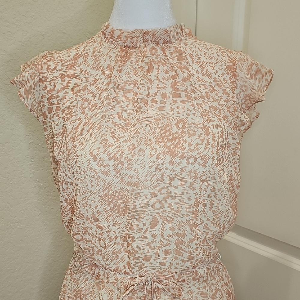 Oasis Peach Cream Patterned Flutter Sleeve Pleated Skirt Midi Spring Dress Sz 12 - Picture 2 of 9